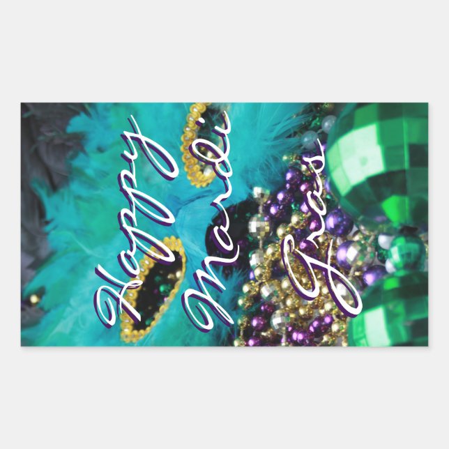 Happy Mardi Gras Feather Mask Bead Throws Stickers (Front)