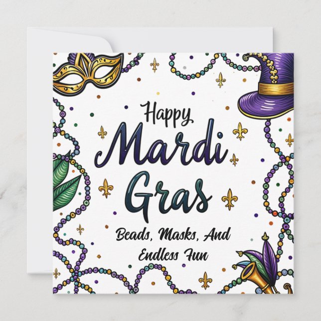 Happy Mardi Gras Feathered and Mask Holiday Card (Front)