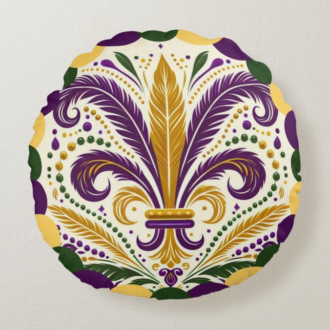 Happy Mardi Gras  fleur-de-lis  Round Cushion (Front)