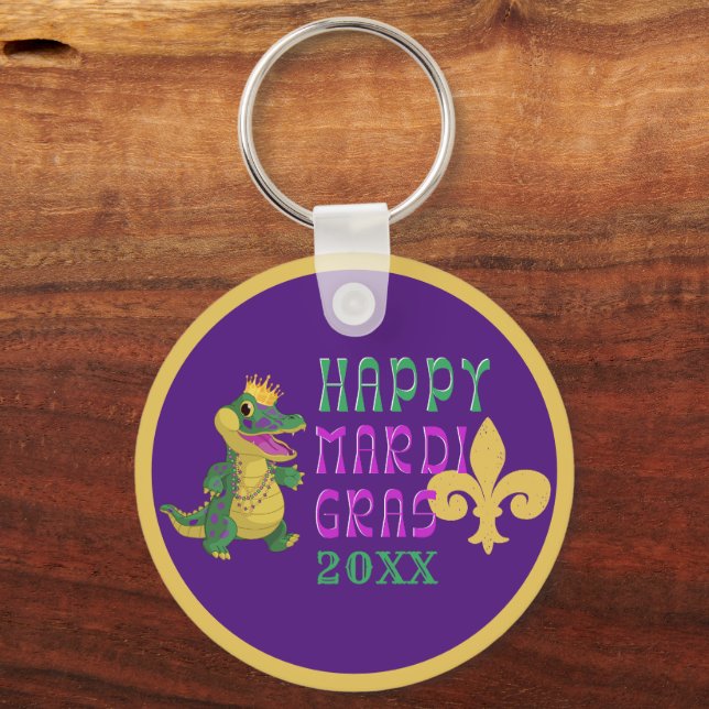 Happy Mardi Gras Gator King Keychain (Front)