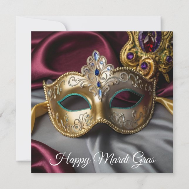 Happy Mardi Gras Gold Venetian Mask Holiday Card (Front)