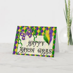 Happy Mardi Gras Mask & Feathers Greeting Card d1