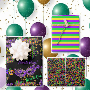 Happy Mardi Gras Masks Beads 3 Coordinating Wrapping Paper Sheet