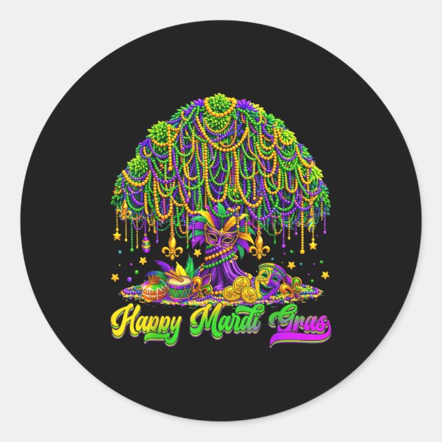 Happy Mardi Gras Tree Beads Mask Carnival New Orle Classic Round Sticker (Front)