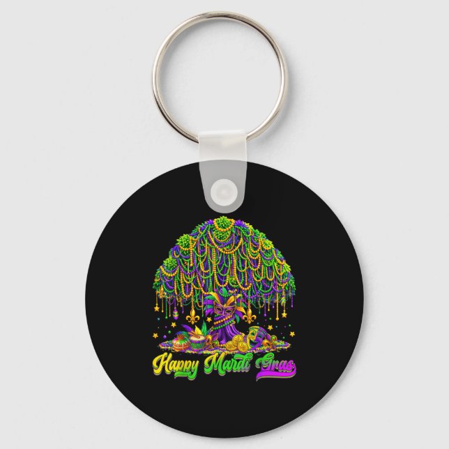 Happy Mardi Gras Tree Beads Mask Carnival New Orle Key Ring (Front)