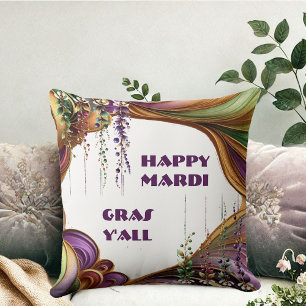 Happy Mardi Gras Y'All Purple Green Gold Colours Cushion