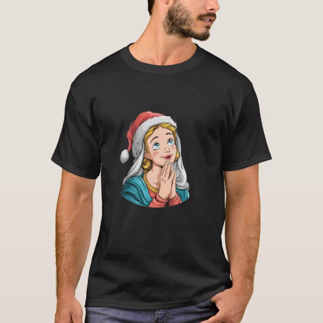 Happy Mary of Nazareth with Festive Santa Hat Cost T-Shirt (Front)