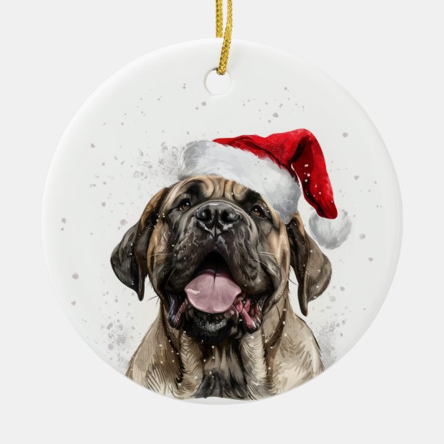 Happy Mastiff Dog Christmas Personalized Ceramic Tree Decoration (Front)