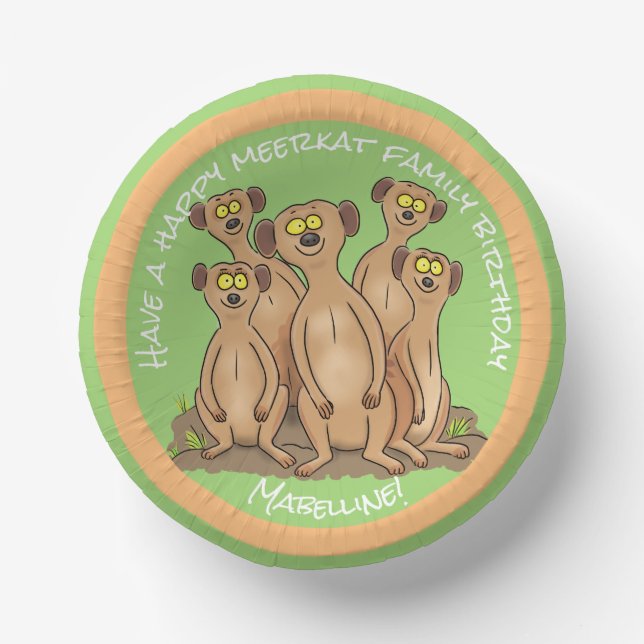Happy meerkat family birthday cartoon paper plate (Front)