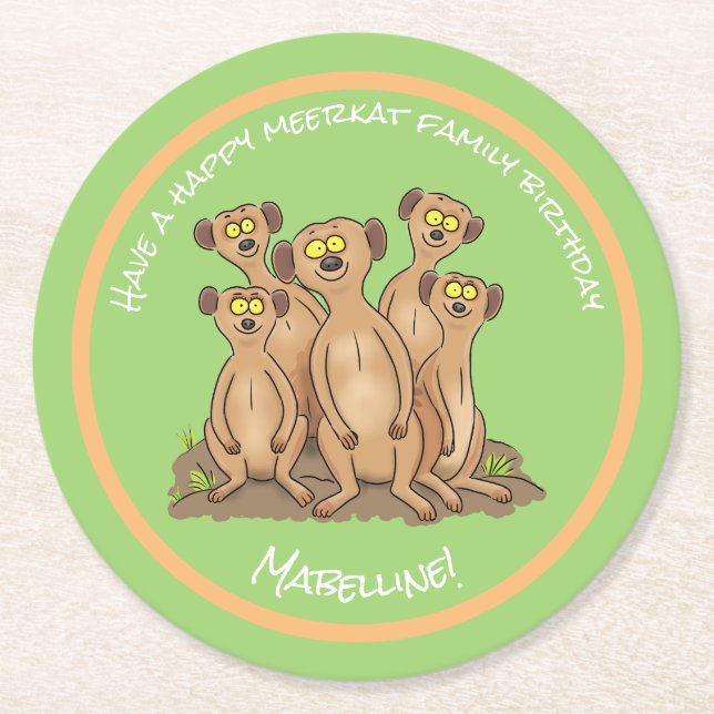 Happy meerkat family birthday cartoon round paper coaster (Front)