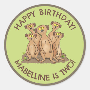 Happy meerkats personalised birthday cartoon classic round sticker