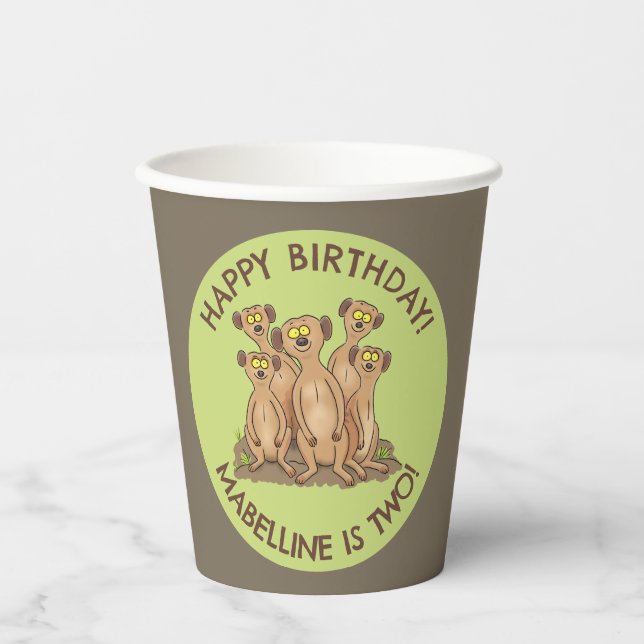 Happy meerkats personalised birthday cartoon paper cups (Front)