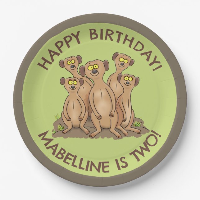 Happy meerkats personalised birthday cartoon paper plate (Front)