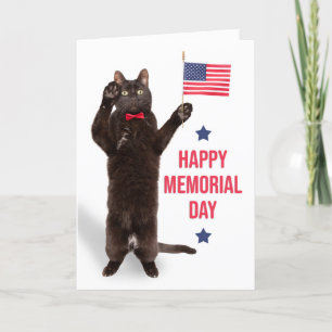 Happy Memorial Day Cat With Flag Saluting Holiday Card
