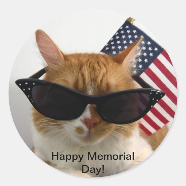 Happy Memorial Day Cool Cat with Flag Sticker (Front)