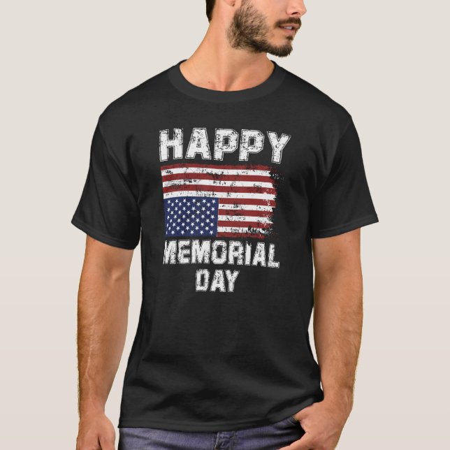 Happy Memorial Day Grungy Text USA Flag T-Shirt (Front)