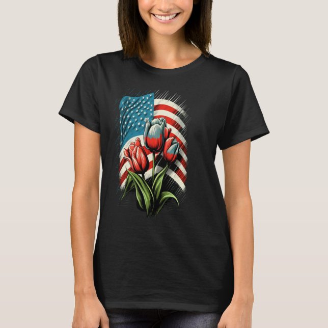 Happy Memorial Day Tulips Flower American Flag 4th T-Shirt (Front)