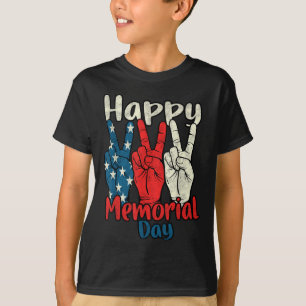 Happy Memorial Day With Usa Flag Peace Hand Sign T-Shirt