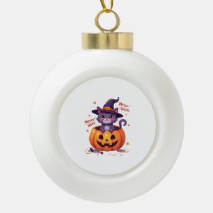 Happy Meow-a-ween - Cute Cat Witch Pumpkin - Hallo Ceramic Ball Christmas Ornament