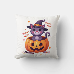 Happy Meow-a-ween - Cute Cat Witch Pumpkin - Hallo Cushion