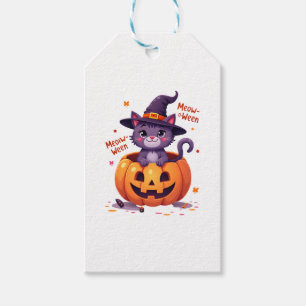 Happy Meow-a-ween - Cute Cat Witch Pumpkin - Hallo Gift Tags