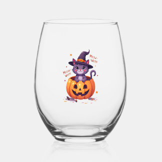 Happy Meow-a-ween - Cute Cat Witch Pumpkin - Hallo Stemless Wine Glass