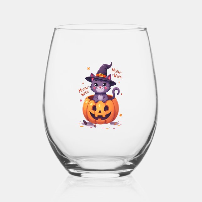 Happy Meow-a-ween - Cute Cat Witch Pumpkin - Hallo Stemless Wine Glass (Front)