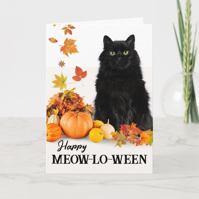 Happy Meow-lo-ween with Halloween Black Cat Card (Front)