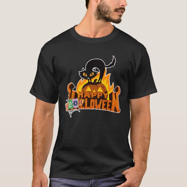 Happy Meow-loween | Cute Black Cat with Pumpkin  T-Shirt (Front)