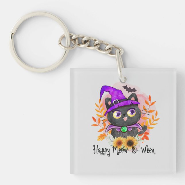 Happy Meow-o-ween -Black Witch Cat Key Ring (Front)