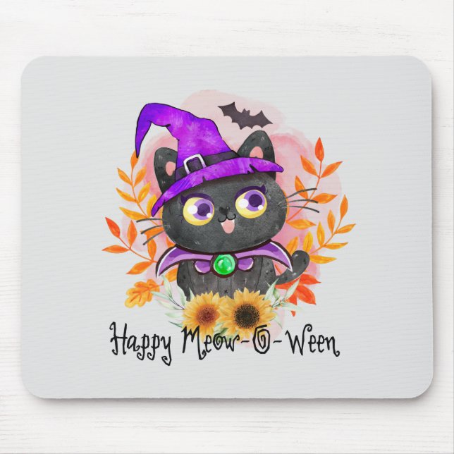 Happy Meow-o-ween -Black Witch Cat Mouse Mat (Front)