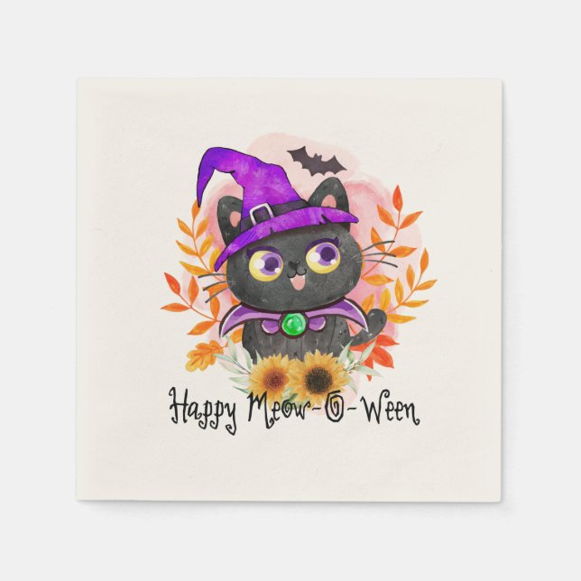 Happy Meow-o-ween -Black Witch Cat Napkin (Front)