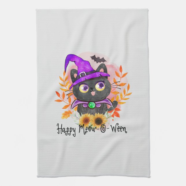 Happy Meow-o-ween -Black Witch Cat Tea Towel (Vertical)