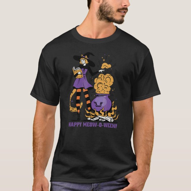 Happy Meow O Ween Witch Cat T-Shirt (Front)