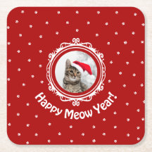 'Happy Meow Year!' Christmas Cat Paper Coaster