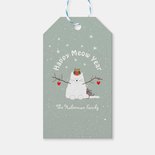 'Happy Meow Year' Snowcat Gift Tags (Front)