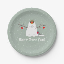 'Happy Meow Year!' Snowcat Paper Plate