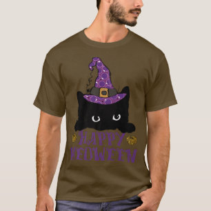 Happy Meoween Black Cat Witch Hat Peeking Cat Hall T-Shirt