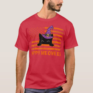 Happy Meoween Funny Witch Cat Funny Halloween USA  T-Shirt