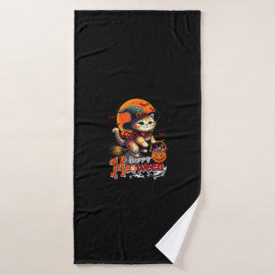 Happy Meoween Halloween Cat Cosplay Witch Costume Bath Towel