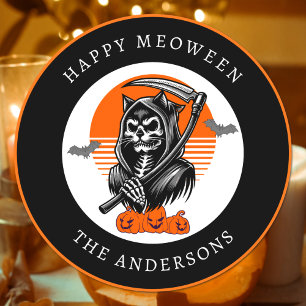 Happy Meoween Spooky Grim Reaper Cat Halloween Classic Round Sticker