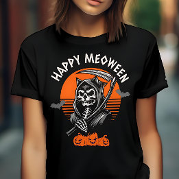 Happy Meoween Spooky Grim Reaper Cat Halloween T-Shirt