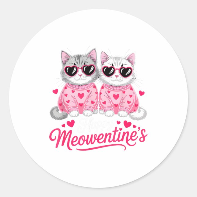 Happy Meowentine’s Cute Romantic Cats Couple Valen Classic Round Sticker (Front)