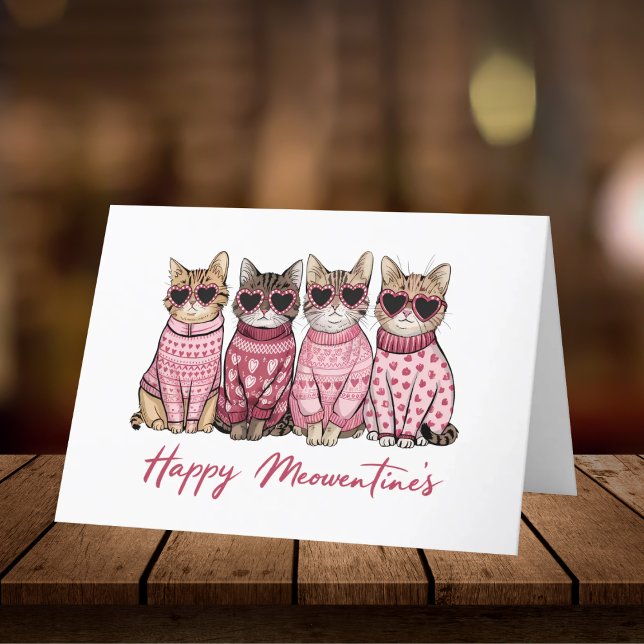 Happy Meowentine's Cats in Sweaters Valentine’s Thank You Card (Adorable Valentine's Day card featuring stylish cats in heart-shaped sunglasses and festive pink swe)