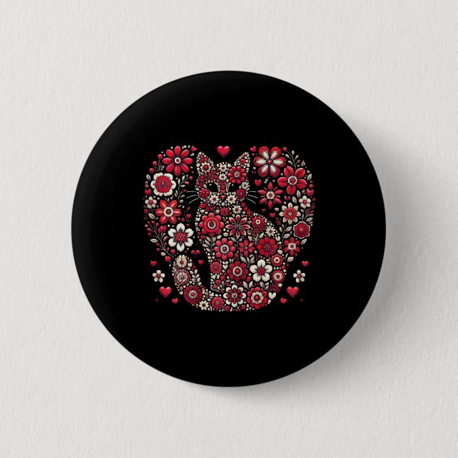 Happy Meowentine's Day Floral Cat Valentine Romant 6 Cm Round Badge (Front)