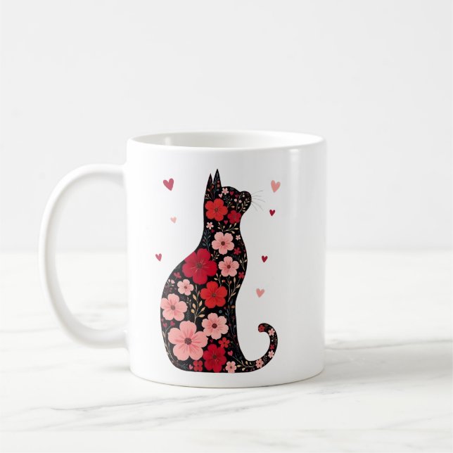 Happy Meowentine's Day Floral Cat Valentines Day Coffee Mug (Left)