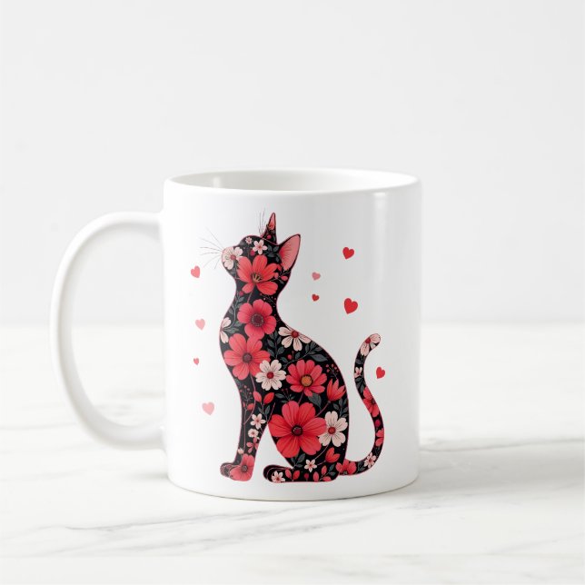 Happy Meowentine's Day Floral Cat Valentines Day Coffee Mug (Left)