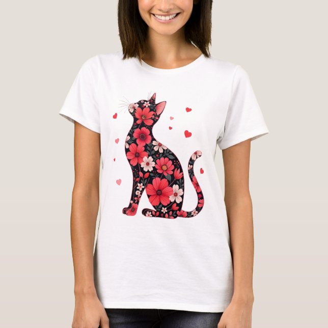 Happy Meowentine's Day Floral Cat Valentines Day T-Shirt (Front)