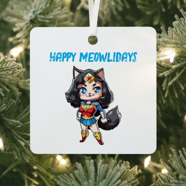 Happy Meowlidays Wonder Cat Metal Tree Decoration (Insitu)