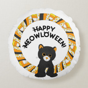 Happy Meowloween Black Cat Halloween Candy Corn Round Cushion